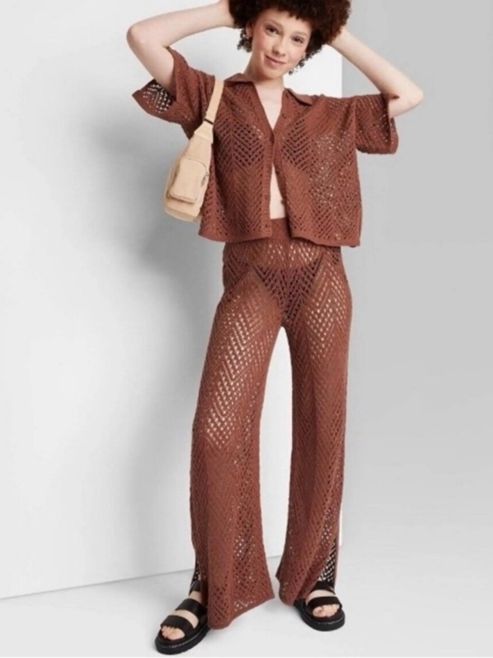 NWOT Wild Fable Open Knit Work Crochet Wide-Leg Pants Set - L top XL bottom